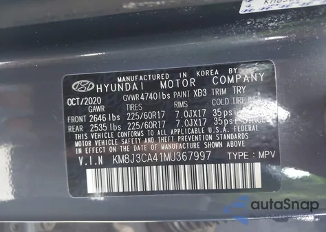 2021 Hyundai Tucson Value z USA, uszkodzony, nr VIN KM8J3CA41MU367997